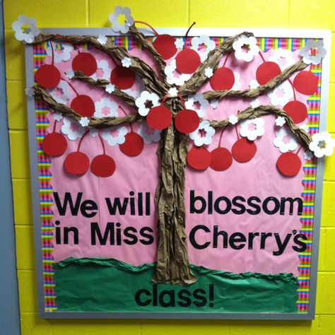 We will blossom in Miss Cherry's class! Cherry blossom (cherry tree) bulletin board! Cherry Blossom Bulletin Board, Tree Bulletin Board, Minion Classroom, Bulletin Board Tree, Holiday Bulletin Boards, Bullentin Boards, Teacher Bulletin Boards, Blossom Cherry, Bulletin Board Ideas