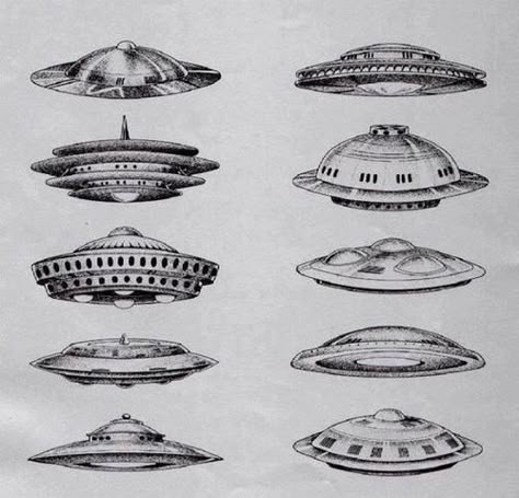 Two of these flying saucer types are known to carry hostile aliens. Do you know which two? Stay Informed-Stay Safe. Ufo Tattoo, Ancient Astronaut, Alien Tattoo, Arte Alien, Flying Saucers, Retro Space, Aliens And Ufos, Space Aliens, Ufo Sighting