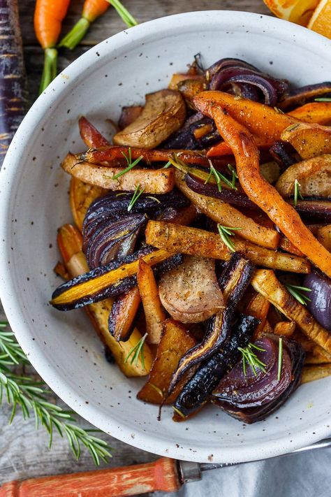 Lightly caramelized, with rosemary and orange zest, these Roasted Root Vegetables deserve a place at your table! Rich with flavor they are so tasty and full of nutrition. Leftovers can be tucked in to bowls, salads, egg dishes and wraps. Gallbladder Friendly Foods, Cornish Christmas, Whole 30 Vegetarian, Veggies Roasted, Root Vegetables Recipes, Simple Side Dishes, High Potassium Foods, Roasted Root Veggies, Feasting At Home