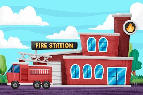 Hand drawn fire station | Free Vector #Freepik #freevector #fire-station #fire-prevention #fire-safety #hand-drawn-illustration Fire Station Cartoon, Fire Station Drawing, Fire Station Clipart, Cartoons Hd, School Decoration, Fire Icons, Doctor Picture, Fire Prevention, Background Drawing