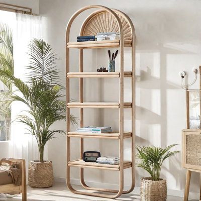 This bookcase is made of rattan, Multi-layer of open storage design, can be placed books and magazines, small bonsai, decorations and so on. All rattan polished smooth without burrs. Open eco-friendly paint coating, health and environmental protection. | Everly Quinn Ananiah Bookcase brown, Rattan in Beige | 74.8" H X 25.6" W X 11.8" D | Wayfair Havenly Office, Bamboo Bookcase, Corporate Woman, Chair Measurements, Small Bookshelf, Vacation Apartment, Florida Room, Salon Suites, Cane Chair