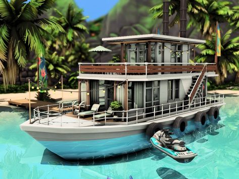 The Sims Resource - Boat House (NO CC) Bloxburg Boat House, Sims 4 Boat House, Sims 4 Boat Cc, Bloxburg Boat, Sims4 Build, Ts4 Builds, Boat Restaurant, The Sims 4 Lots, Sims Builds