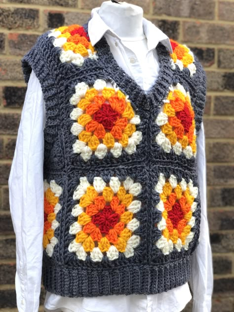 Crochet Granny Square Sweater Vest, Granny Square Sweater Vest, Crochet Granny Square Sweater, Square Sweater, Crochet Sweater Vest, Granny Square Sweater, Handmade Sweater, Vest Outfits, Granny Squares