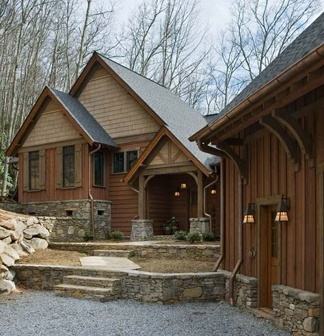 Rustic Board & Batten Siding | With wings and ells tucked into a hillside, and clad with multiple ... Rustic House Exterior, Rustic Farmhouse Exterior, Wood Siding Exterior, Timber Frame House, Porch Roof, Copper Roof, Craftsman Style Homes, Wood House, Timber Frame Homes