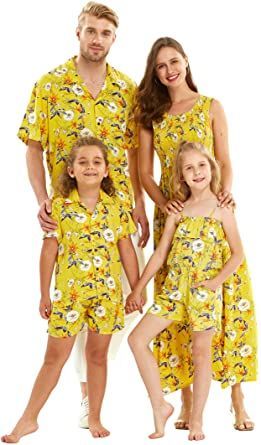 Matchable Family Hawaiian Luau Men Women Girl Boy Clothes in Garden Poppy Yellow Beach Vacation Wardrobe, Athletic Wear Womens, Hawaiian Luau, Boys Romper, Butterfly Dress, Luau Party, Family Set, Hawaiian Print, Boy Clothes