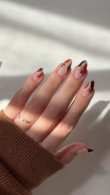 Orange Brown Nails, Almond Nails Fall, Swirl Nail Designs, Natrual Nails, Nail Inspo Nail Art, Brown Nail Art, Swirl Nails, Long Square Nails, Simple Fall Nails