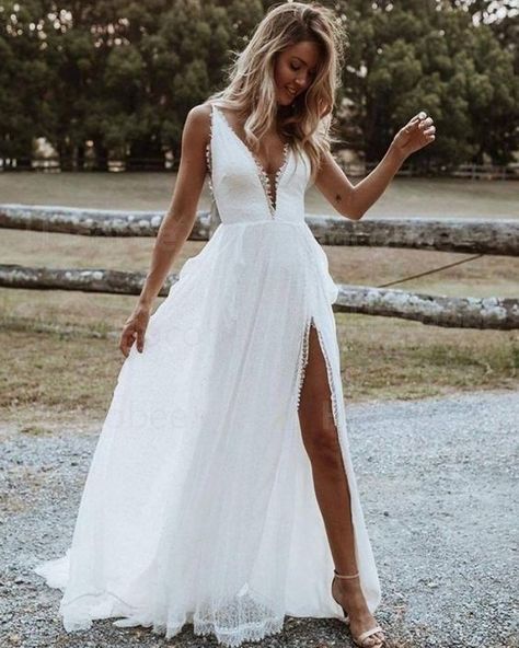 Beach Simple Wedding, Wedding Dresses V Neck, Simple Wedding Dress, Grace Loves Lace, White Beach, Wedding Dresses Unique, Simple Wedding, Boho Beach, Wedding Dresses Simple