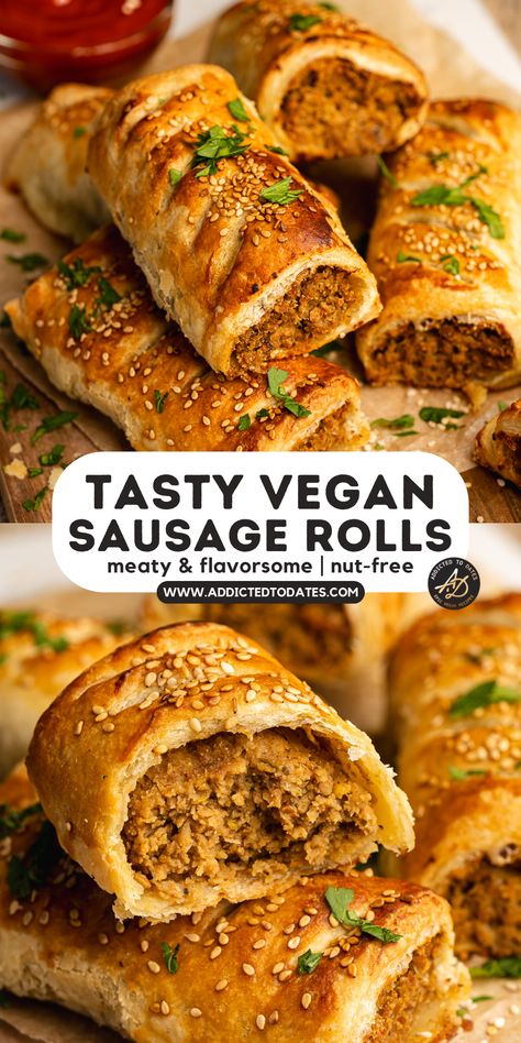 vegan sausage rolls with meaty filling, flaky puff pastry and a sprinkle of fresh herbs on top. Vegan Sausage Rolls Recipe, Vegan Sausage Roll, Vegan Savory Pastries, Vegan Puff Pastry Appetizers, Vegan Savory Snacks, Vegan Puff Pastry Recipes, Vegan Pasty, Vegan Pastry Recipes, Chickpea Filling