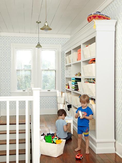 Creative New Decorating Ideas : Decorating : HGTV Wide Hallway Ideas Upstairs, Upstairs Landing Play Area, Landing Storage Upstairs, Landing Area Ideas Upstairs, Upstairs Hallway Storage, Large Landing Ideas Upstairs, Upstairs Landing Ideas, Hallway Storage Ideas, Hallway Shelves