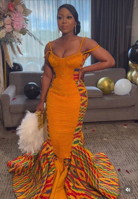 African Prom Dresses Ghana, Ghanaian Prom Dress, Traditional Ghanian Wedding Dress, Kente Dress Wedding, Traditional Ghanaian Wedding Dresses, Ghana Dress Styles, Kente Prom Dress, Ghanaian Traditional Wedding Dresses, Ghana Traditional Wedding Dresses