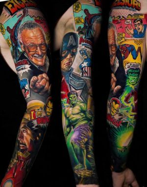 Marvel Full Sleeve Tattoo, Hulk Tattoo For Men, Captain America Tattoos, Marvel Sleeve Tattoo, Comicbook Panel, Marvel Sleeve, Marvel Tattoo Sleeve, Marvel Tattoo Ideas, Captain America Tattoo