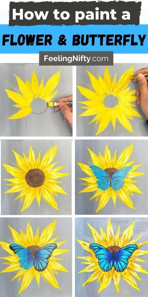 Want to learn an easy way to paint a butterfly on a flower? This post will show you how with color customizations and combos. Sunflower Butterfly Painting, Sunflower And Butterfly Painting, Easy Butterfly Painting Simple, How To Paint A Butterfly, Easy Butterfly Painting On Canvas, Simple Butterfly Painting, Butterfly And Flower Painting, Easy Flower Painting Ideas, Butterfly Painting Easy