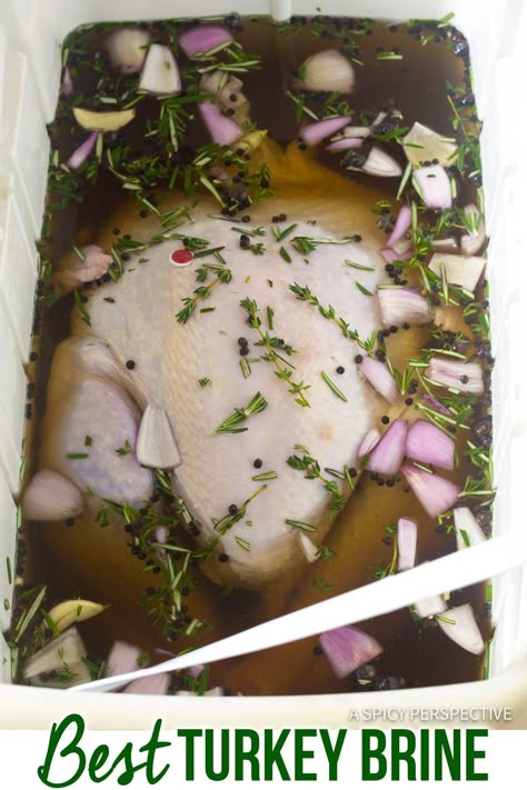 The Best Turkey Brine Recipe - A simple blend of salt, sugar, and spices to create the most moist and flavorful turkey you've ever made. #ASpicyPerspective #turkeybrine #thanksgiving #thanksgivingturkey #holidayrecipes Brine For Turkey, Turkey Brines, Easy Turkey Brine, Best Turkey Brine, Brine Turkey, Turkey Brine Recipe, Brine Recipes, Moist Turkey, Turkey Brine Recipes