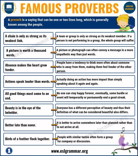 Proverbs: List of 25 Famous Proverbs with Useful Meaning - ESL Grammar English Proverbs With Meanings, Polite English, Proverbs In English, Adages And Proverbs, Proverb With Meaning, English Punctuation, Famous Proverbs, Popular Proverbs, Proverbs English