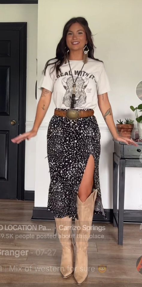 Leopard Country Outfit, Skirt And Graphic Tee Outfit Western, Southern Work Outfit, Alternative Bridal Shower Outfit, Yellowstone Chic Outfit, Flowy Skirt Cowboy Boots, Rodeo Mama Outfit, Fall Outfits With Western Boots, High Potential Tv Show Outfits