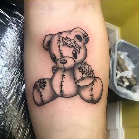 Evil Bear Tattoo, Rag Doll Tattoo Ideas, Voodoo Bear Tattoo, Ripped Teddy Bear Tattoo, Tattoo Scar, Teddy Bear Tattoo, Doll Tattoo, Bear Tattoos, Broken Doll