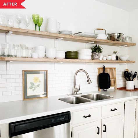 After: White base cabinets with long open wood shelves filled with dishware Tiny Kitchen Open Shelving, Long Open Shelf Kitchen, Long Shelf Kitchen Wall, Open Shelves Over Kitchen Sink, Open Shelf Kitchen Ideas Modern, Galley Kitchenette, No Cabinet Kitchen Open Shelving, Shelving Cabinet, Portugal House