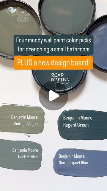 Karolina De Costa on Instagram: "Dark paint color in a small bath?

If you want to make a statement in a small bathroom or powder room why not try one of these dramatic, rich and moody paint colors!

Benjamin Moore Vintage Vogue 462: This moody smokey green is rich and deep, with a mossy feel perfect for creating dramatic and cozy spaces. 

Benjamin Moore Dark Pewter 2122-20:  A deep, rich, forest green with a moody gray undertone. 

Benjamin Moore Regent Green 2136-20:  Almost black green that leans slightly into the teal thanks to a hint of blue.

Benjamin Moore Newburyport Blue HC-155:  An understated dark blue that is just light navy enough without leaning too far into violet.

Love these shades as much as I do?  Don’t forget to check out my Stories or comment MOODY BATH to see how I w Moody Color Bathroom, Deep Green Blue Paint Colors, Dark Blue Green Bathroom, Moody Paint Colors Benjamin Moore, Benjamin Moore Dark Pewter, Powder Room Navy, Benjamin Moore Newburyport Blue, Regent Green, Newburyport Blue