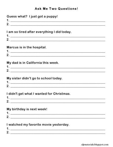 A worksheet to teach students how to respond by asking questions. Social skills practice. Speech Therapy Worksheets, Slp Materials, School Speech Therapy, Speech Language Activities, Slp Activities, Social Skills Groups, Language Worksheets, Receptive Language, Speech Path