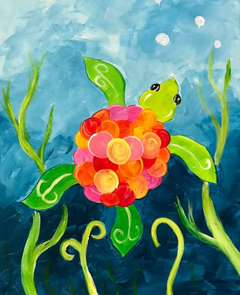 Simple Animal Paintings For Beginners, Kids Paint Party Ideas Canvases, Easy Turtle Painting, Underwater Painting Easy, Turtle Art Kids, Kid Painting Ideas, Paintings For Kids, Art Auction Projects, Painted Window Art