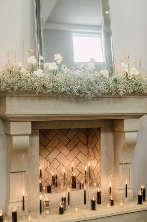 Photo By: Lydia Ruth Photography Flower Mantle Decor, Wedding Mantel Decor, Wedding Mantel, Fireplace Florals, Mantel Flowers, Mantle Garland, Wedding Altars, Wedding Morning, Wedding 2025