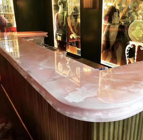 Natural Pink Onyx Bar Pink Onyx Bathroom, Onyx Vanity, Onyx Bathroom, Marble Countertops Bathroom, Onyx Kitchen, Onyx Countertops, Onyx Bar, Onyx Tile, Luxury Hotels Lobby