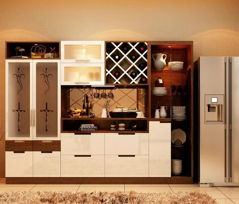 Puja Unit Design In Kitchen, Crockery Unit With Pooja Mandir, Crockery Unit With Refrigerator, Crockery Unit And Pooja Unit Together, Puja Unit With Crockery Unit, Puja Design, Fridge Cabinets, Crockery Units, Mandir Ideas