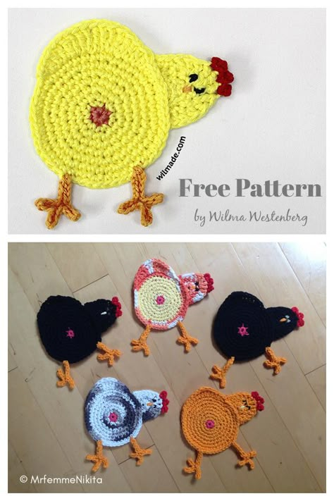 Crochet Chickens, Chicken Coasters, Animal Coasters, Ripple Crochet, Candle Designs, Kitchen Crochet, Crochet Potholder Patterns, Coaster Crochet, Crochet Holiday