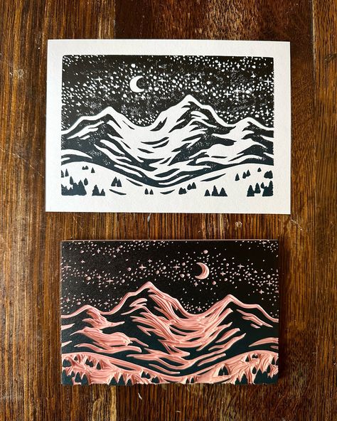 Starry mountains block print by MP Mountainworks on Etsy | relief printing printmaking linocut linoart Speedball mountains stars night sky moon winter landscape mountain trees pretty scene art artwork home decor outdoors outdoorsy 5x7 Linocut Winter Scene, Northern Lights Linocut, Block Printing Aesthetic, Linocut Prints Mountains, Block Print Mountains, Lino Print Mountains, Linocut Prints Landscape, Mountain Printmaking, Linoleum Block Print