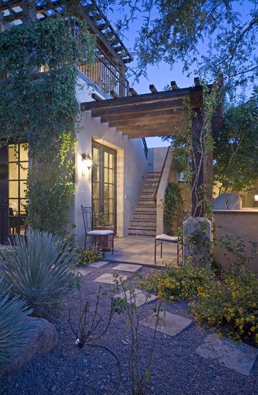 Lost Gold 1 - Mediterranean - Exterior - Phoenix - by Giesen Design Studio LLC | Houzz Mediterranean Trellis, Patio Ideas With Pergola, Gravel Patio Ideas, Arizona Landscaping, Style Hacienda, Mediterranean Exterior Homes, Timber Pergola, Mediterranean Exterior, Pergola Diy