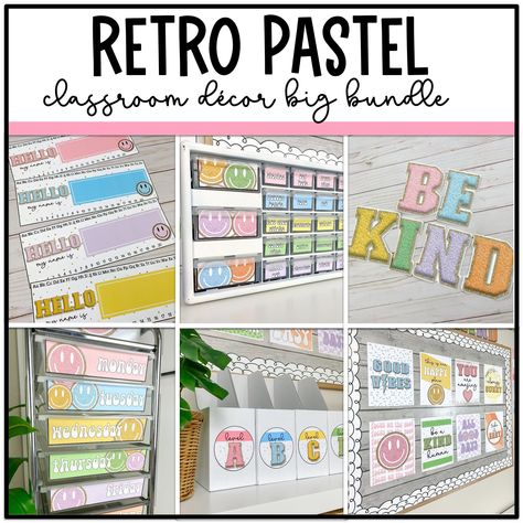 Pastel Retro Classroom Decor Bundle: 100+ classroom posters, signs, labels, and more. Editable & Instant. #y2kfonts #retrotype #nostalgicdesign #millennialaesthetic #throwbacktypography Varsity Patches, Pastel Classroom Decor, Groovy Classroom, Pastel Classroom, Study Hall, Rainbow Classroom, Retro Pastel, Classroom Decor Bundle, Birthday Display