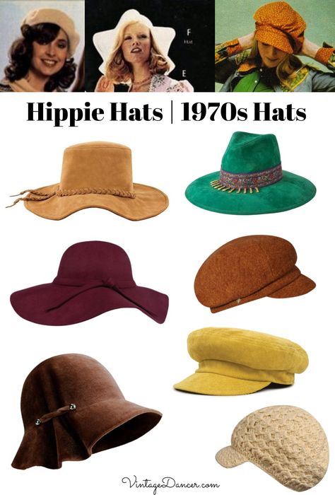 70s Styles For Women, 1970s Hats For Women, 70’s Hats, 60s Hats Women, 70s Hats Women, How To Style Hats, 1970s Hats, Boho Hats For Women, 70s Hippie Fashion