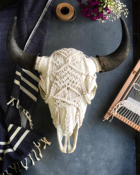 Sweetheart Ceramics on Instagram: “Happy New Year. Introducing my finished macrame bull skull. I’ve decided to name her Ophelia, regardless of the fact that it was a male…” Macrame Skull Wall Hanging, Deer Skull Macrame, Macrame Cow, Bull Skull Decor, Macrame Skull, Deer Skull Decor, Euro Mounts, Painted Skulls, Cow Skull Art