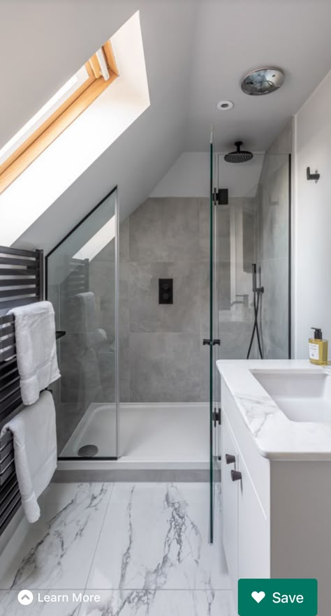 Ensuite Bathroom Ideas Attic, En Suite Attic Bathroom, Attic Wet Room Slanted Ceiling, Bathroom In Eaves Small Spaces, Attic En Suite, Sloped Roof Bedroom Master Suite, Small Attic Bathroom Sloped Ceiling Master Bedrooms, Bathroom Slanted Roof, Bathrooms With Pitched Ceilings