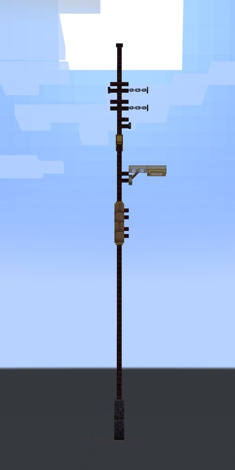 Minecraft Street Design, Streetlights Minecraft, Minecraft Dystopian Builds, Minecraft Power Lines, Minecraft Radio Tower, Minecraft Street Sign, Streetlight Minecraft, Post Apocalyptic Minecraft, Minecraft Streetlight