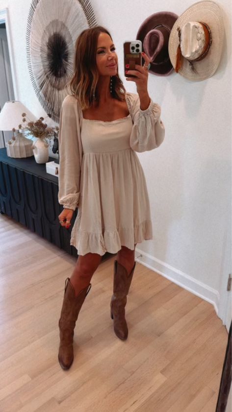 RESTOCK - Everett Dress curated on LTK Cute Dress With Boots, Neutral Fall Dress, Western Gender Reveal Outfit, Engagement Party Outfit Guest Winter, Stockyards Outfit, Dress With Western Boots, Western Wedding Guest Outfit, Baby Shower Outfit For Guest Fall, Engagement Party Outfit Guest