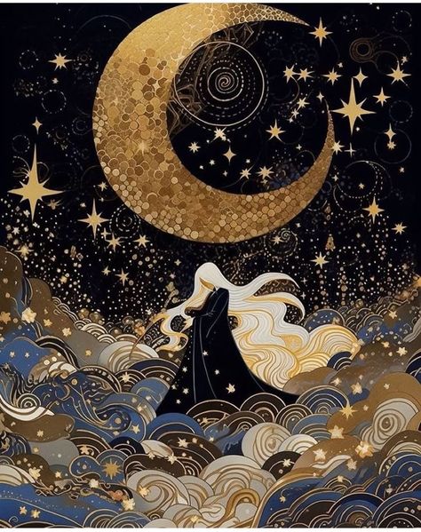 Celestial Star Drawing, Celestial Aesthetic, Painting Of A Woman, The Moon And Stars, 카드 디자인, Celestial Art, Ethereal Art, Dreamy Art, 판타지 아트