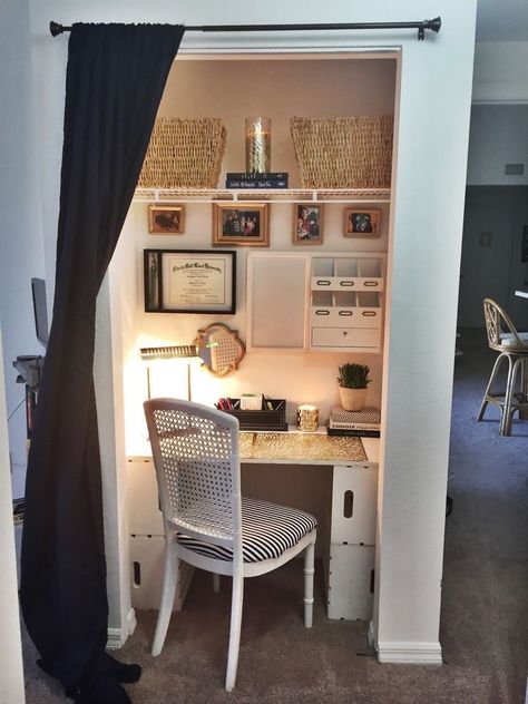 Diy Closet Nook, Nook Desk, Desk Closet, Closet Nook, Closet Desk, Tiny Home Office, Home Office Closet, Office Closet, Closet Office