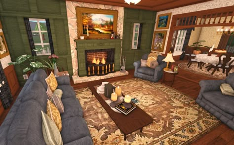 I stole the couches from someone on twitter but everything else was made by me! I also have a speedbuild series of this house too! Bloxburg Living Room Ideas Autumn, Hippie Bloxburg House, Bloxburg Grandma House, Couch Bloxburg, Old House Bloxburg, Victorian Living Room Bloxburg, Living Room Designs Sims 4, Sims 4 Victorian House Interior, Bloxburg Old House