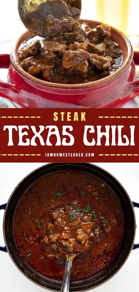 Chili With Chunks Of Meat, Cold Weather Meals, Steak Chili Recipe, Hearty Winter Recipes, Texas Chili Recipe, Chili Recipe Stovetop, Steak Chili, Chili Dinner, Meat Chili