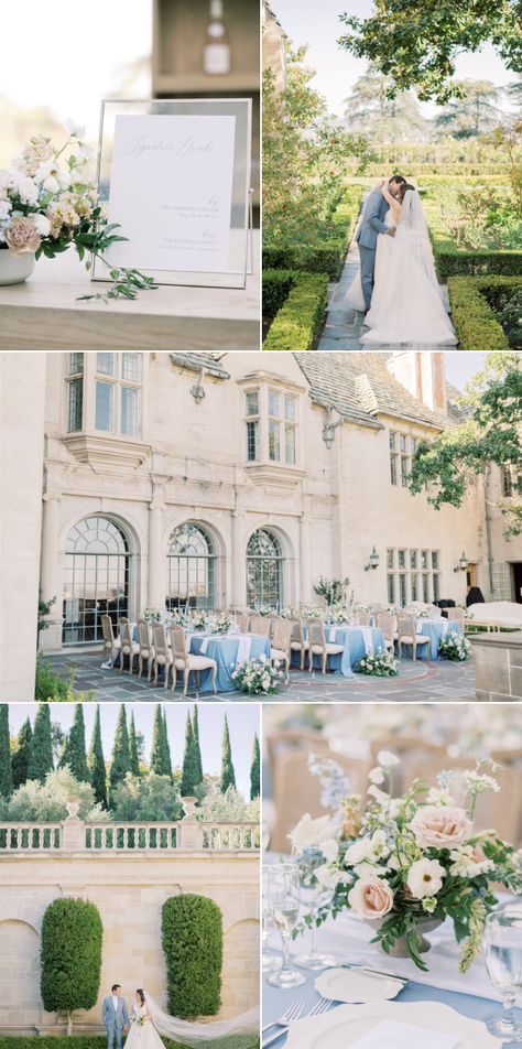 A French Blue and Ivory Affair at Greystone Mansion – Style Me Pretty French Blue And White Wedding, Mansion Wedding Ideas, French Blue Wedding Color Palettes, Blue French Country Wedding, French Style Wedding, Greystone Mansion Wedding, Blue French Country, 2026 Wedding, Wedding Color Schemes Blue