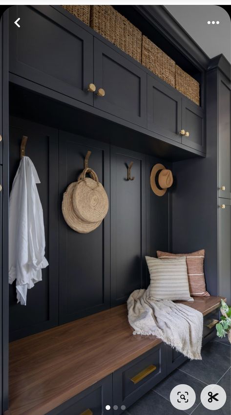 Black Mud Room Cubbies, Black Mudroom Ideas, Mudroom Seating And Storage, Storage Bench In Mudroom, Deep Mudroom Bench, Dark Mudroom Floor, Mudroom Dark Floor, Black Floor Mudroom, Mud Room Built Ins With Bench