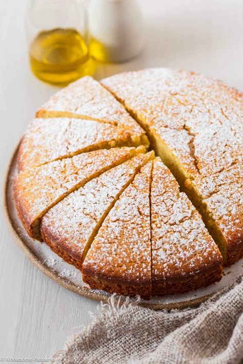 Olive Oil Cake - Wholesome Patisserie Dairy Free Olive Oil Cake, Oil Cake Recipe, Olive Oil Cake Recipe, Easy Slice, Lemon Olive Oil Cake, One Layer Cakes, Single Layer Cakes, Oil Cake, Olive Oil Cake