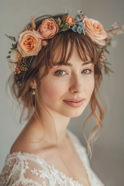 90+ Wedding Flower Crowns For Completing Your Boho Look | Matched Hearts Flower Crown Updo, Wedding Flower Crowns, Wedding Hair Flower Crown, Wedding Hair Bangs, Wildflower Wedding Bouquet, Flower Headpiece Wedding, Romantic Theme Wedding, Boho Bridal Hair, Sunflower Wedding Bouquet