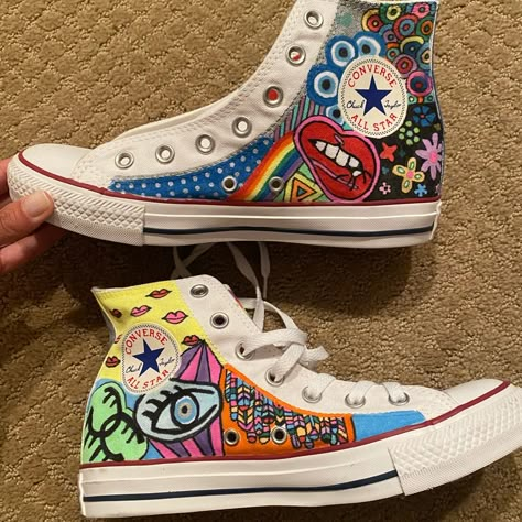 Size 8! Drawn By Me! Never Worn! Just Add Laces Of Your Own (Can Buy On Amazon For 3$) Womens! So Cool! Colored On Converse, Cute Custom Shoes, Converse Shoe Designs Art, Cool Custom Shoes, Weirdcore Shoes, Cool Converse Pattern, Special Converse, Drawn On Shoes, Hippy Shoes