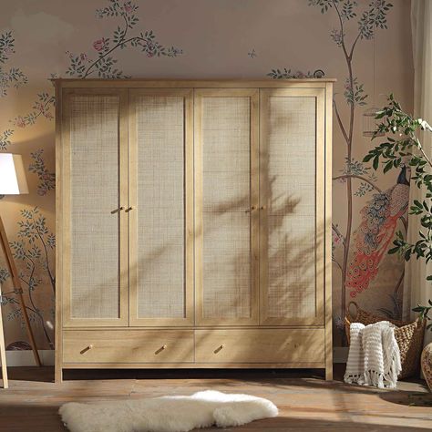 DESCRIPTIONS Crafted from natural rattan and wood, our Frances 4-door wardrobe boasts beautiful bohemian style with plenty of storage space. Four wardrobe doors opens up to 4 metal hanging rails and two wide bottom drawers. Hand woven natural rattan inserts on the wardrobe doors coordinate with solid wood door handles. Size: W 172.8 x D 55 x H 185 cm. Flat packed. Self assembly required. DETAILS & DIMENSIONS Assembly Required: Yes, assembly required, anti-tipping kit included. *Avoid power tools Bohemian Wardrobe Furniture, Wood Door Handles, Rattan Wardrobe, Wardrobe Wood, Luxurious Salon, Wood Door Handle, Bohemian Wardrobe, Three Seater Sofa Bed, Solid Wood Door