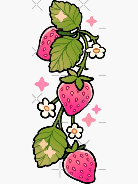 "strawberry vine" Sticker for Sale by freshbobatae | Redbubble Flower Vine Doodle, Strawberry Bush Drawing, Strawberry Art Cute, Strawberry On Vine, Strawberry Character Design, Strawberry Plant Drawing, Cute Strawberry Drawing, Strawberry Doodle, Strawberry Craft