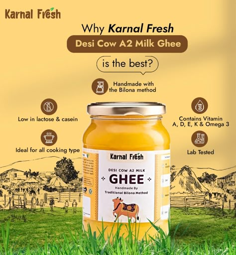 Experience the Essence of Purity with our A2 Desi Cow Ghee 🐄✨ Sourced from the heart of nature, our ghee is crafted using the ancient Bilona method, preserving its rich nutrients and unmatched flavor. #Karnalfresh #BilonaMethod #OrganicLiving #A2Ghee #HealthJourney #BilonaGhee Ghee Advertisement, Ghee Poster Design, Organic Products Creative Ads, Ghee Creative Ads, Ghee Packaging Design, Dairy Products Packaging Design, Ghee Benefits, Desi Cow, Health Products Design