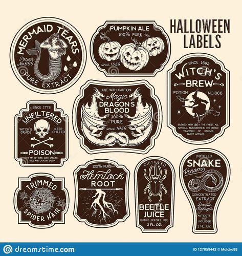 Illustration about Halloween Bottle Labels Potion Labels. Illustration of haunted, holiday, brew - 127059442 Harry Potter Potion Labels, Halloween Bottle Labels, Halloween Potion, Halloween Potion Bottles, Halloween Apothecary, Harry Potter Potions, Potion Labels, Apothecary Labels, Casa Halloween