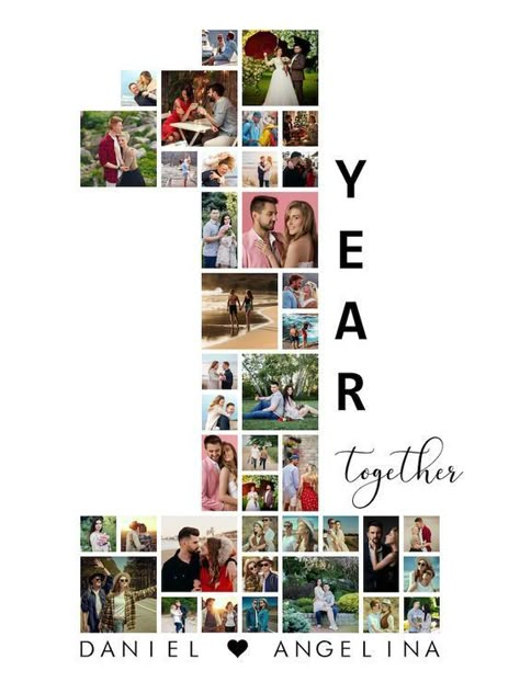 Buy Personalize 1 Year Anniversary Collage 1st Year Photo Collage Online in India - Etsy 7 Photo Collage Template, Wedding Anniversary Collage, Anniversary Design Ideas, 1 Photo Collage, Photos Collage Ideas, Fonts With Numbers, Anniversary Template, Fonts For Numbers, Anniversary Photo Frame